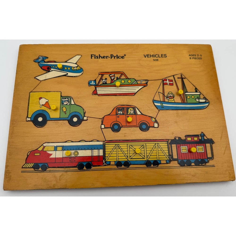 Vintage Fisher-Price Vehicles Wooden Peg Puzzle 508 Made in Holland 1971 1972